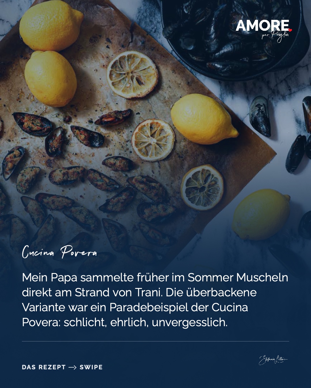 Cozze Gratinate — die Zutaten und das fertige Gericht, fotografiert für „Amore per Puglia“