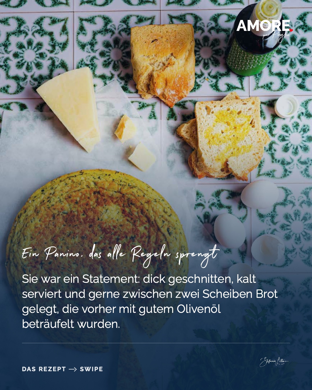 Frittata con Pecorino e Prezzemolo — die Zutaten und das fertige Gericht, fotografiert für „Amore per Puglia“