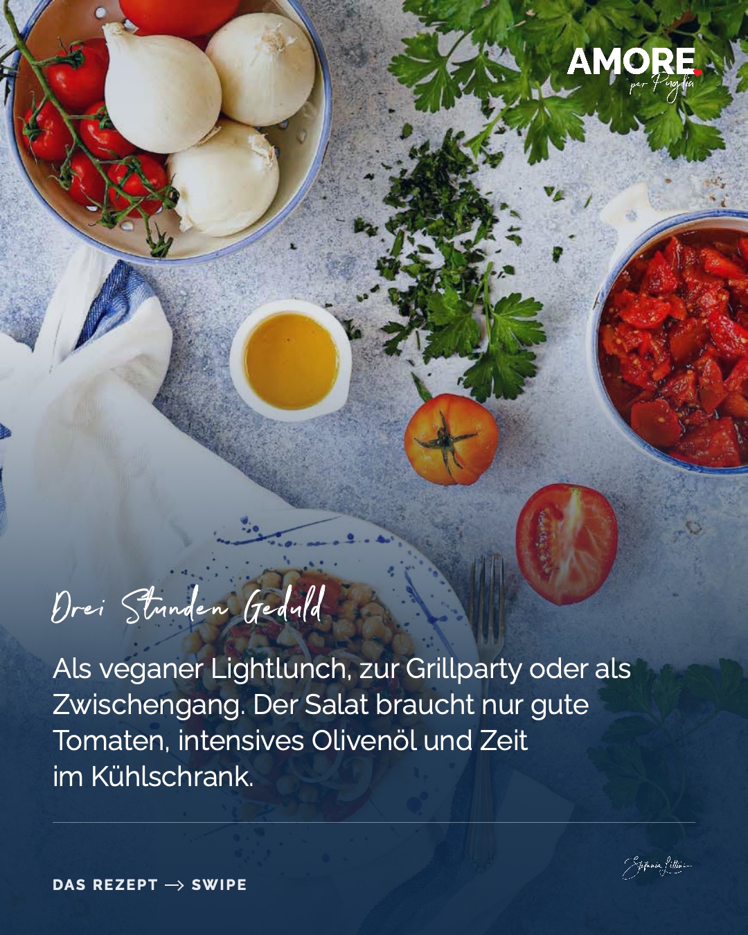 Insalata di Ceci con Tomate e Prezzemolo — die Zutaten und das fertige Gericht, fotografiert für „Amore per Puglia“