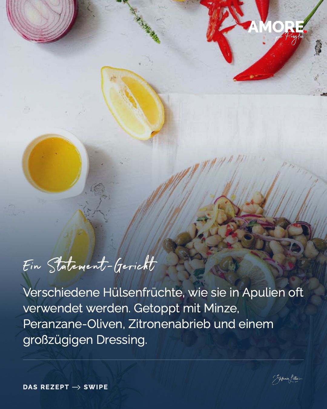 Insalata di Legumi al Limone — die Zutaten und das fertige Gericht, fotografiert für „Amore per Puglia“