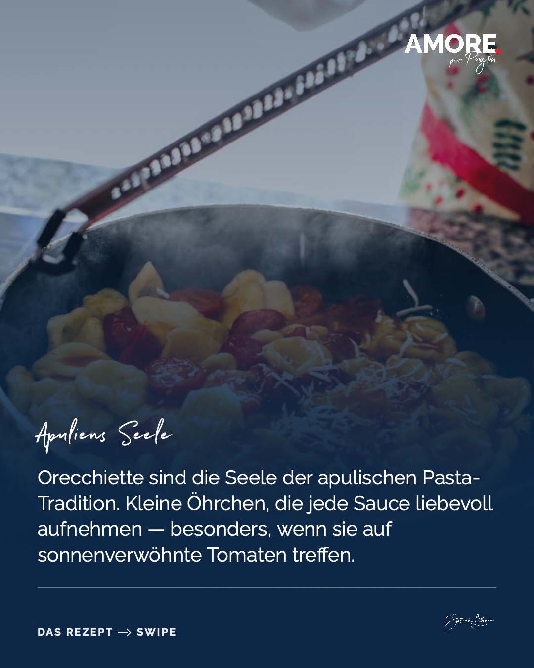 Orecchiette al Pomodoro — die Zutaten und das fertige Gericht, fotografiert für „Amore per Puglia“