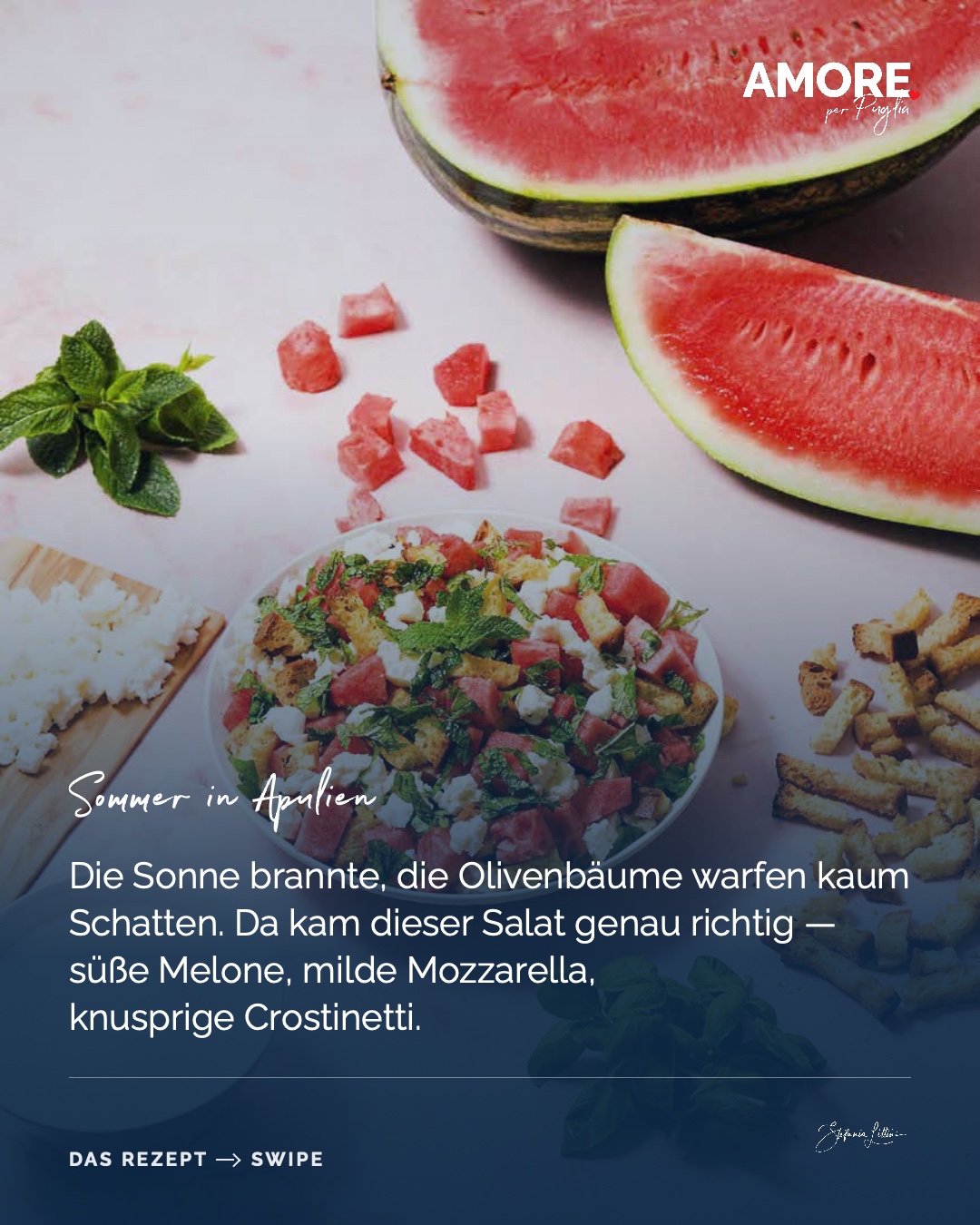 Panzanella di Anguria con Mozzarella e Menta — die Zutaten und das fertige Gericht, fotografiert für „Amore per Puglia“