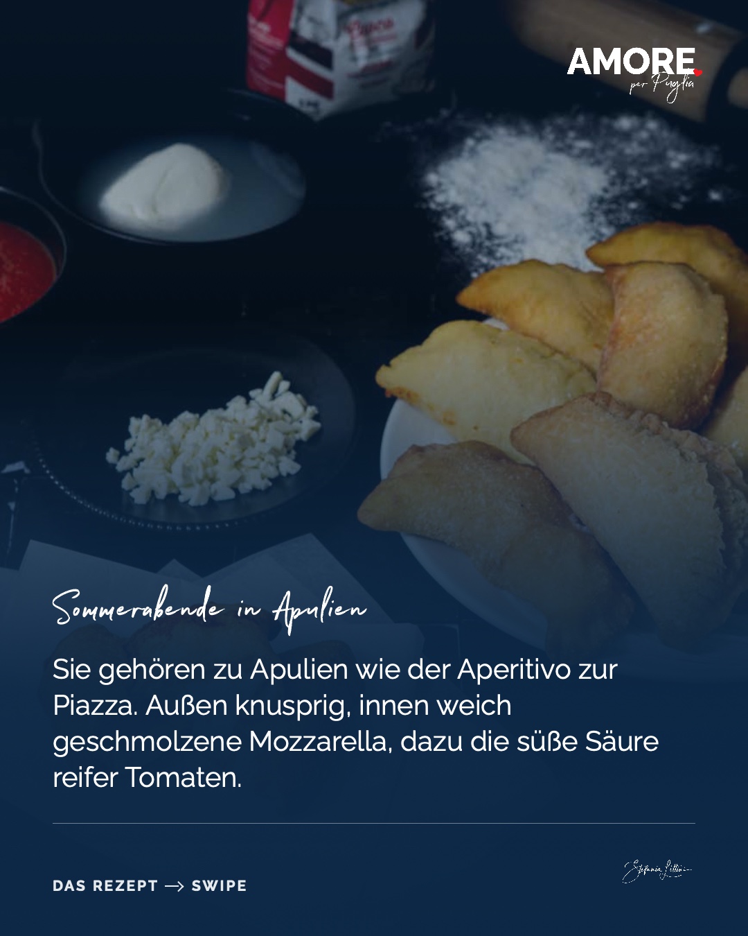 Panzerotti — die Zutaten und das fertige Gericht, fotografiert für „Amore per Puglia“