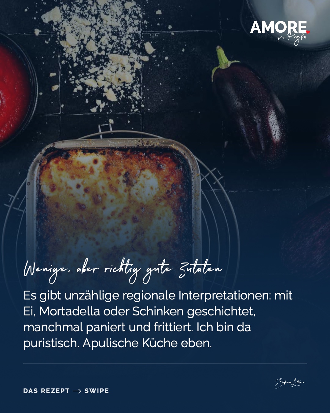 Parmigiana di Melanzane — die Zutaten und das fertige Gericht, fotografiert für „Amore per Puglia“