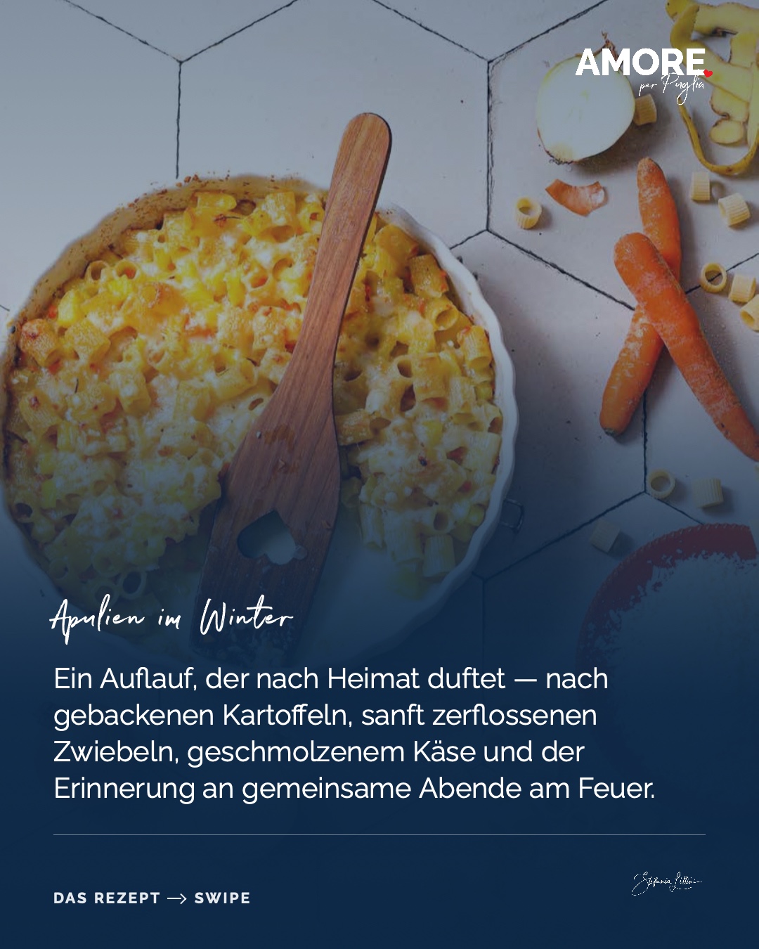 Pasta e Patate al Forno — die Zutaten und das fertige Gericht, fotografiert für „Amore per Puglia“