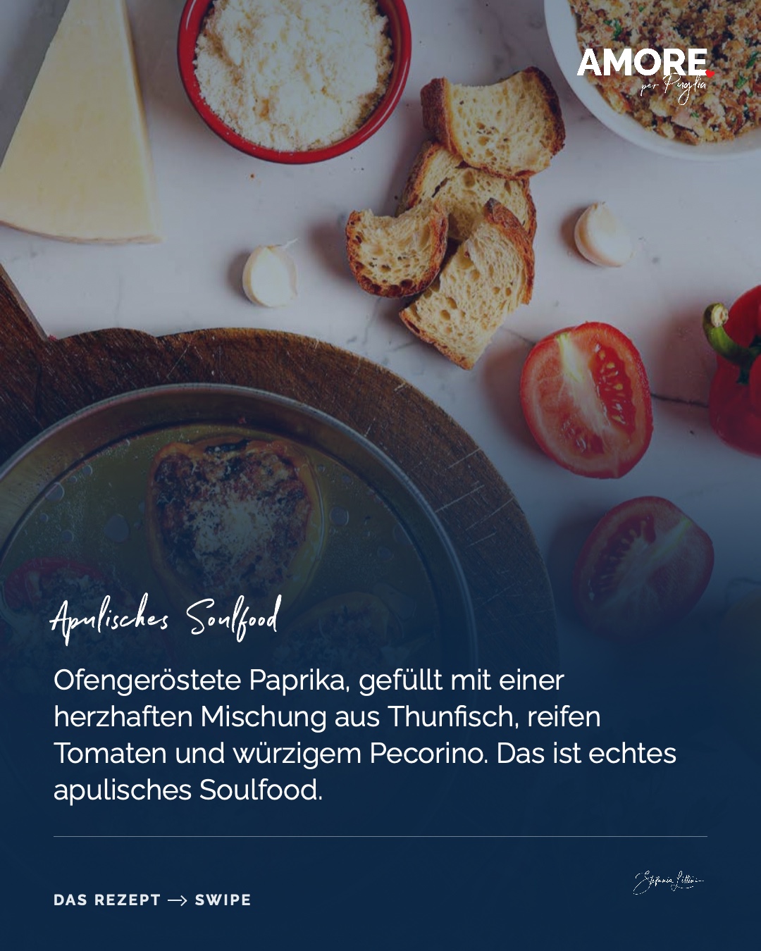 Peperoni Ripieni — die Zutaten und das fertige Gericht, fotografiert für „Amore per Puglia“