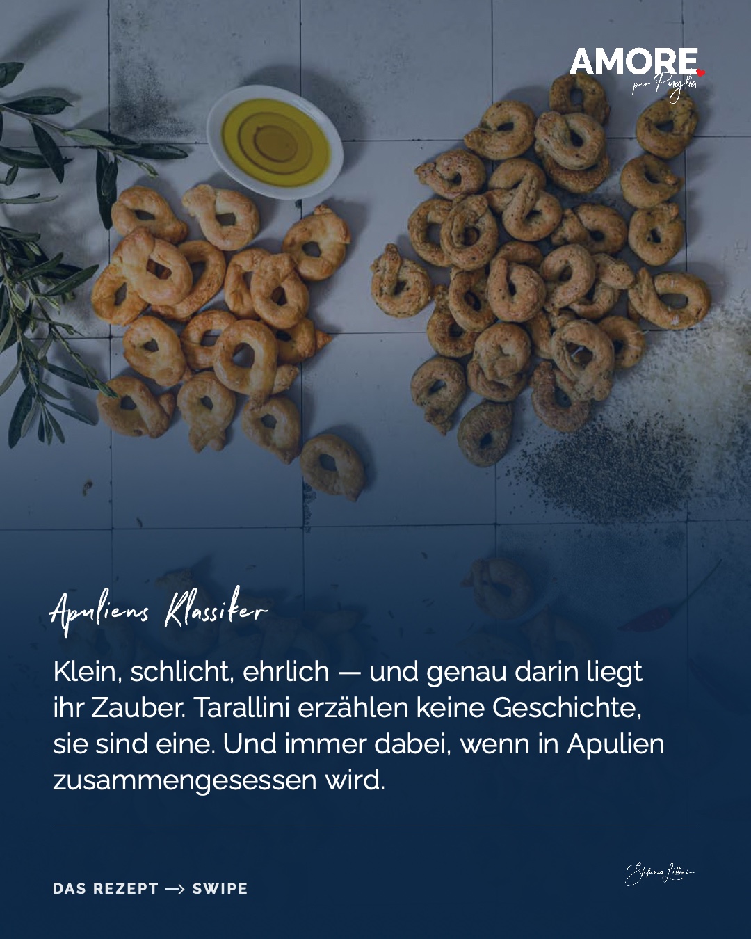 Tarallini all´Olio e Variazioni — die Zutaten und das fertige Gericht, fotografiert für „Amore per Puglia“