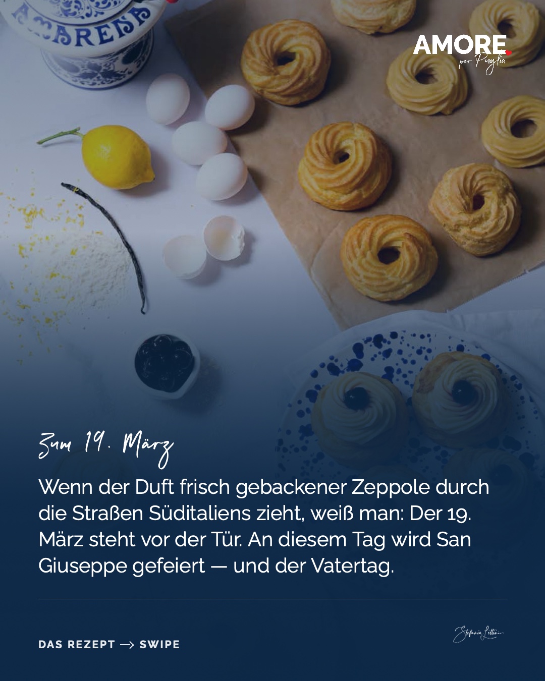 Zeppole di San Giuseppe — die Zutaten und das fertige Gericht, fotografiert für „Amore per Puglia“
